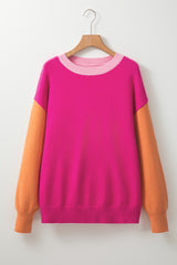 Three Tone Contrast Round Neck Loose Sweater