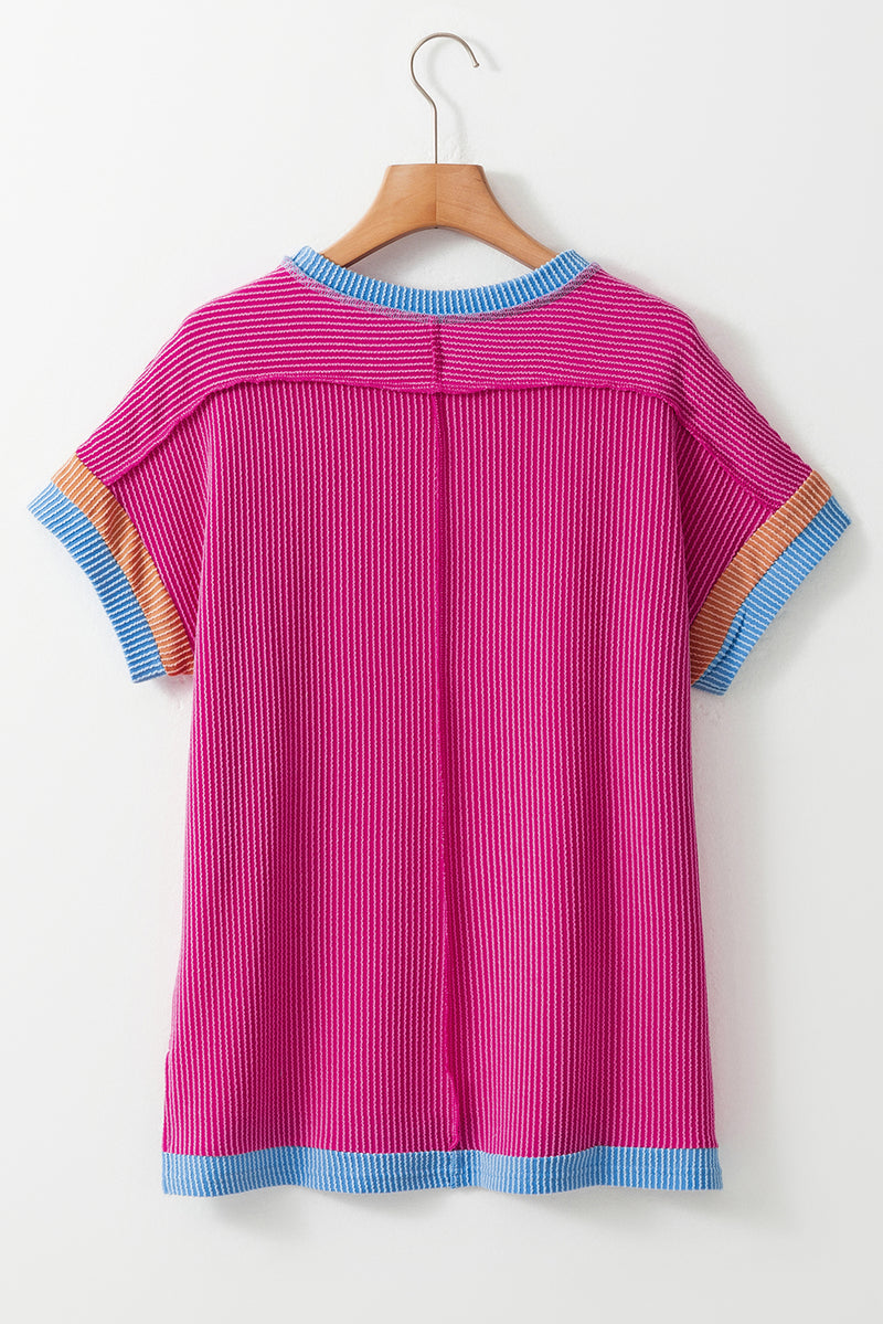 Solid Textured Contrast Trim Round Neck T Shirt