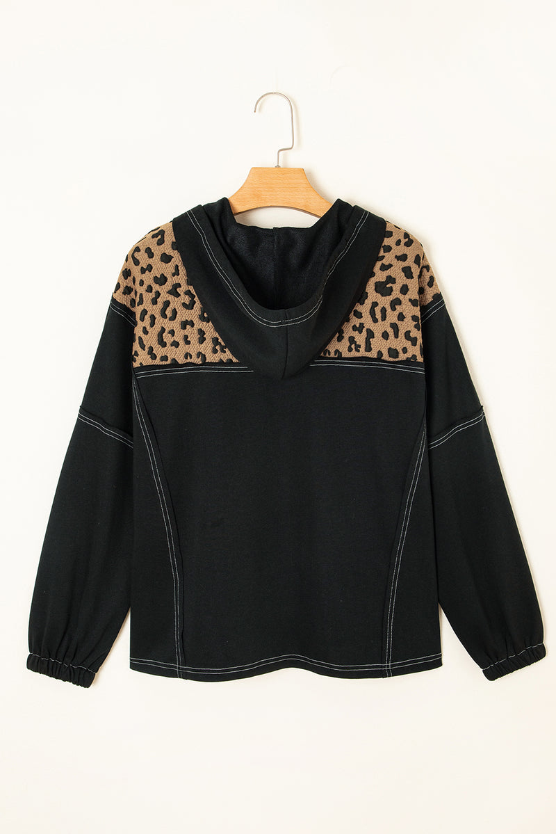 Leopard Patchwork Contrast Stitching Knotted Cuff Quarter Zip Hoodie