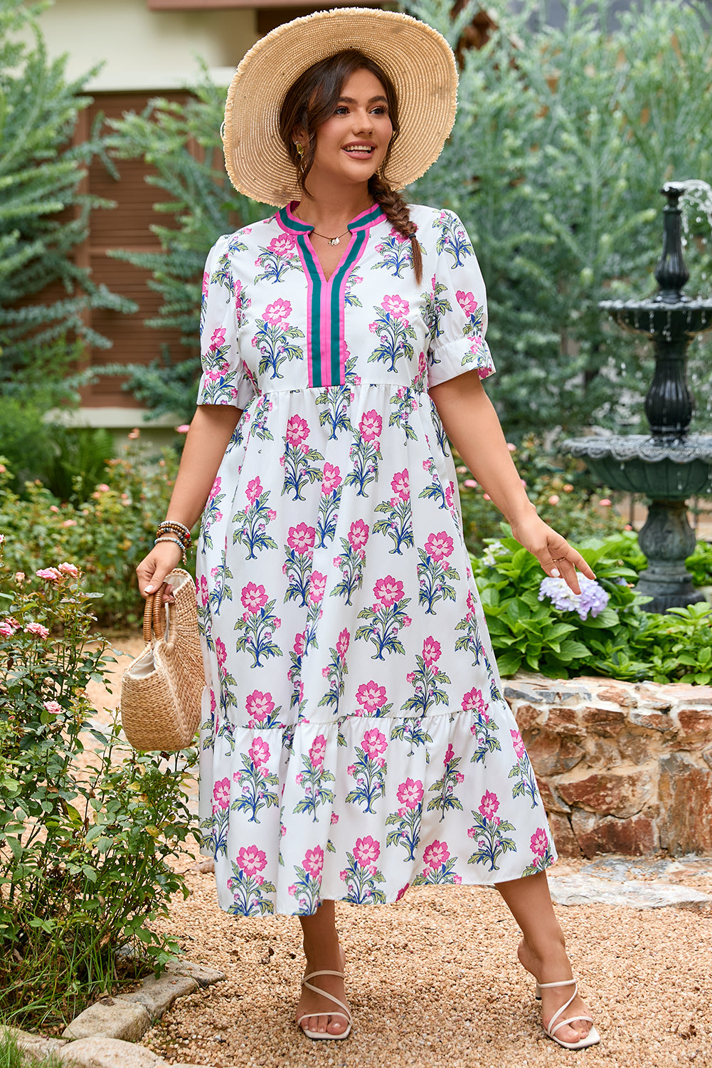Allover Print Contrast Split Neckline Short Puff Sleeve Curvy Dress