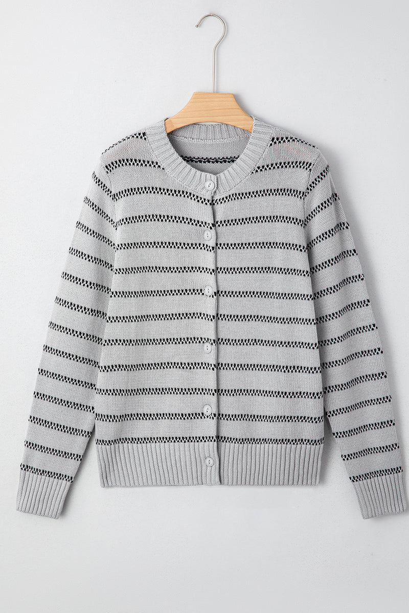 Stripe Button Front Ribbed Trim Short Cardigan