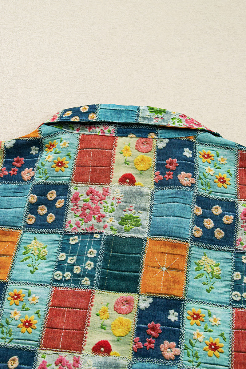 Multicolour Floral Collared V Neck Roll up Sleeve Shift Blouse