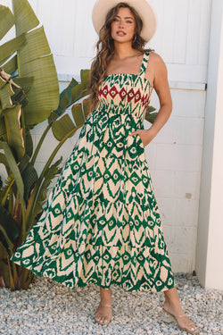 Western Aztec Shirred A-line Sleeveless Maxi Dress