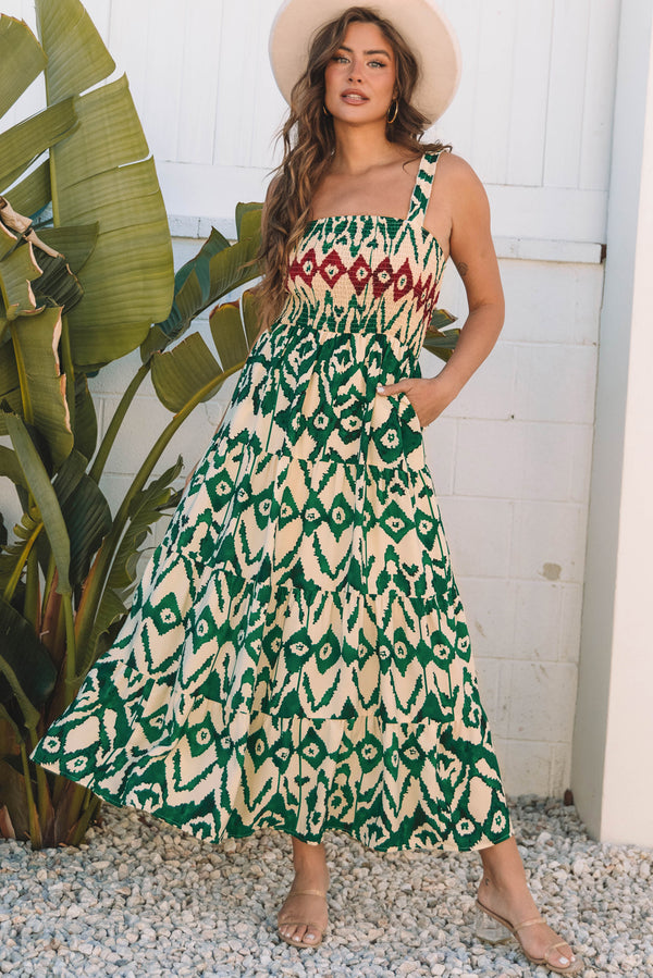Western Aztec Shirred A-line Sleeveless Maxi Dress