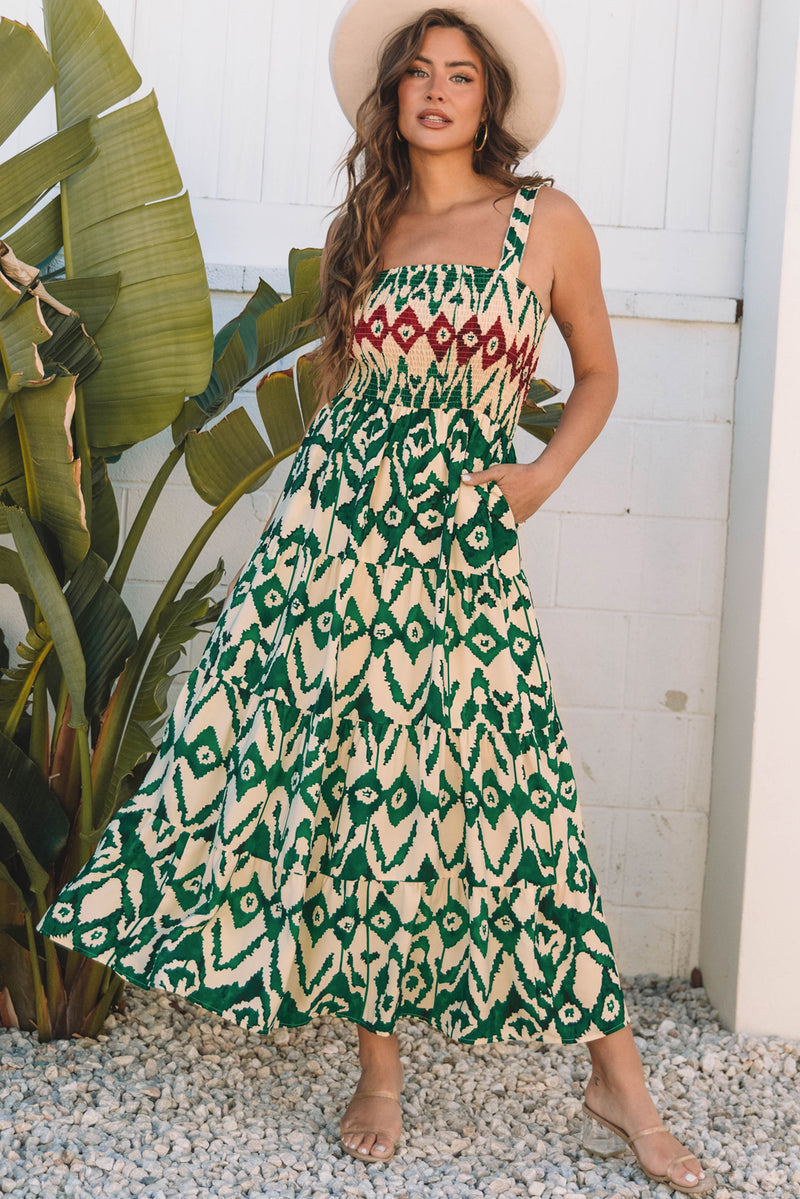 Western Aztec Shirred A-line Sleeveless Maxi Dress