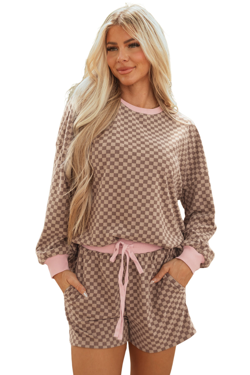 Checkerboard Long Sleeve Pullover and Shorts Set