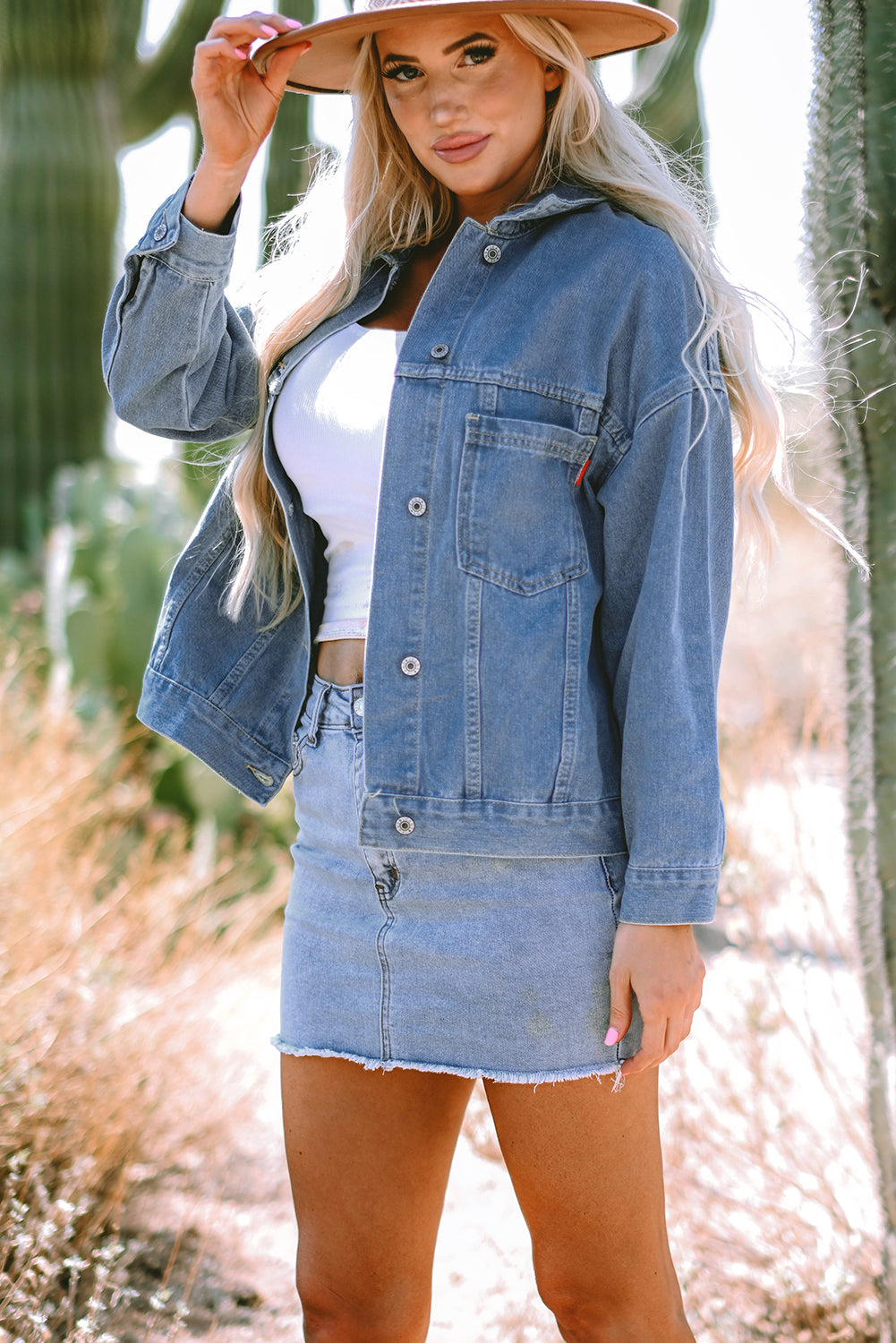 Stripe Washed Oversize Pocketed Denim Jacket