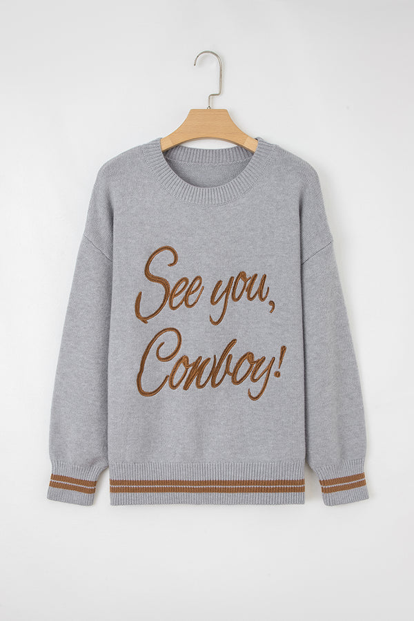 See You Cowboy Embroidered Western Graphic Sweater