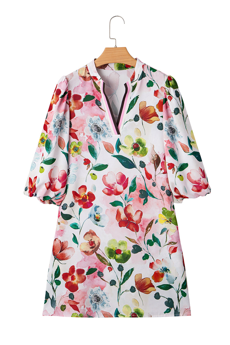 Floral Contrast Striped V Neck Puff Half Sleeve Shift Dress