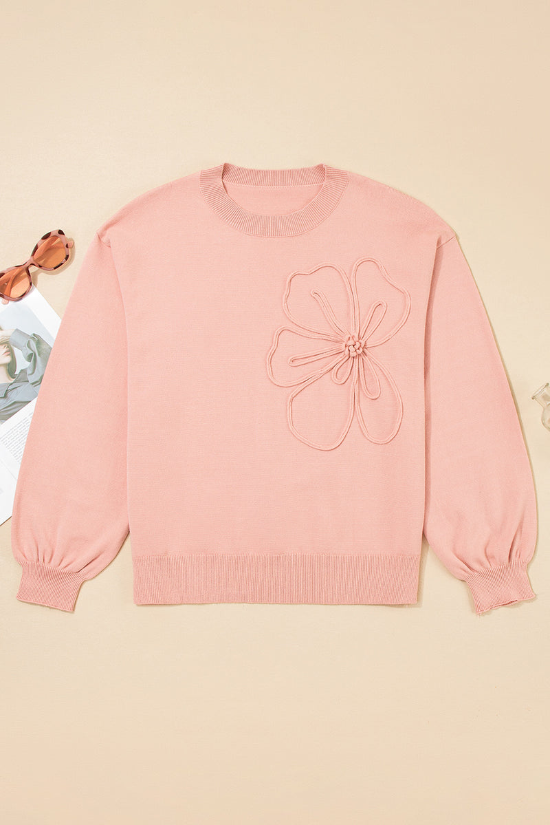 Blossom Big Flower Accent Bubble Sleeve Drop Shoulder Sweater