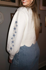 Floral Embroidered Scallop Hem Cropped Sweater