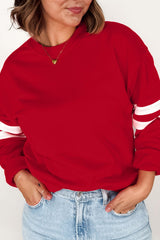 Fiery Red Varsity Striped Detail Crew Neck Plus Sweatshirt