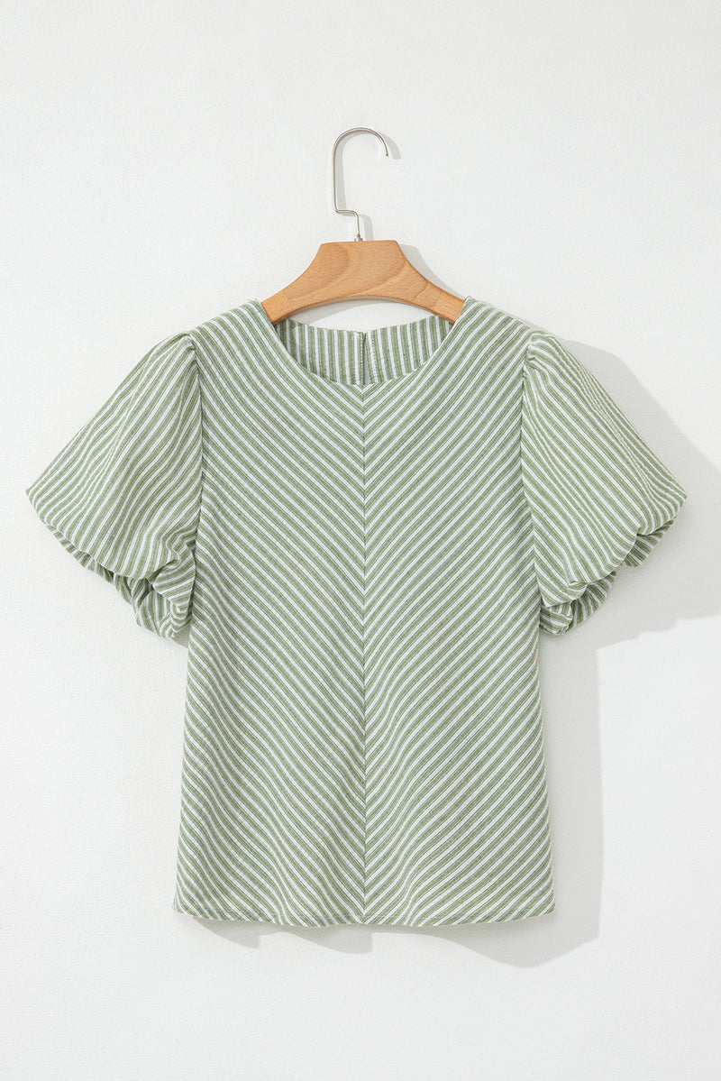 Green Stripe Textured Round Neck Short Puff Sleeve Blouse