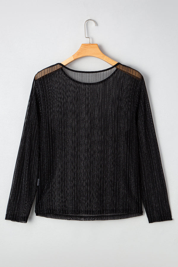 Plus Size Shimmer Textured Mesh Fitted Long Sleeve Top