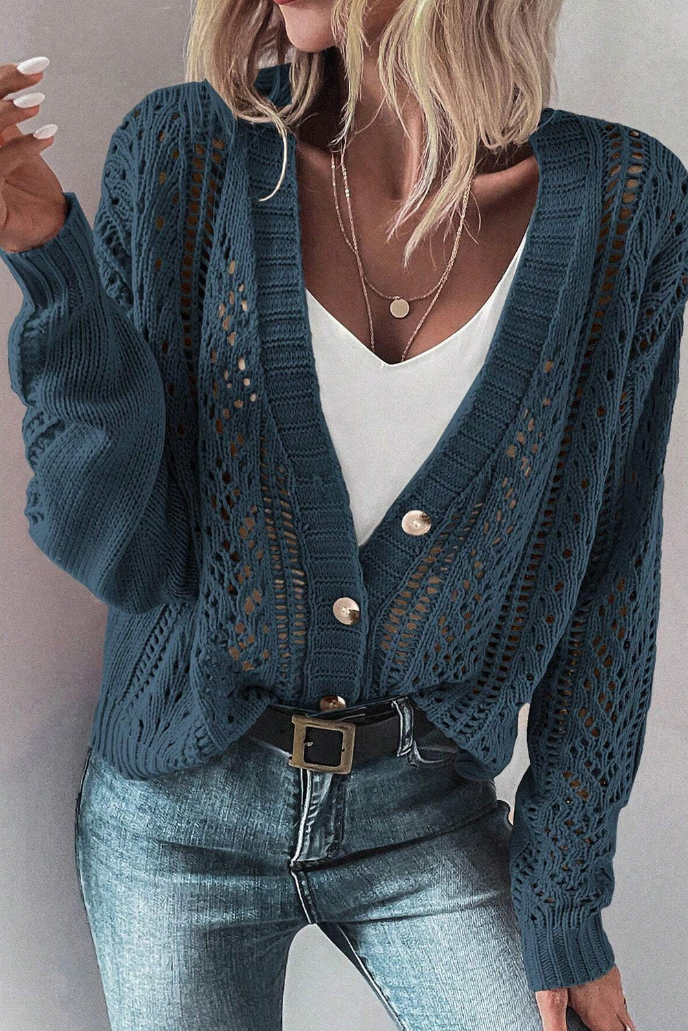 Solid Open Knit Drop Shoulder Sweater Cardigan