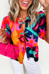 Abstract Floral Print Front Tied Puff Sleeve Babydoll Blouse