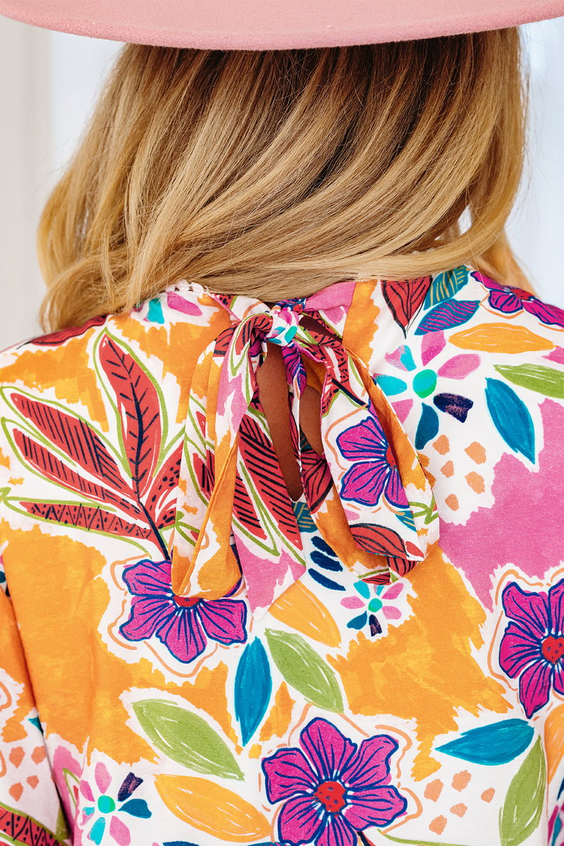 Floral Print Lace Trimmed Tie Back Bell Sleeve Swing Mini Dress