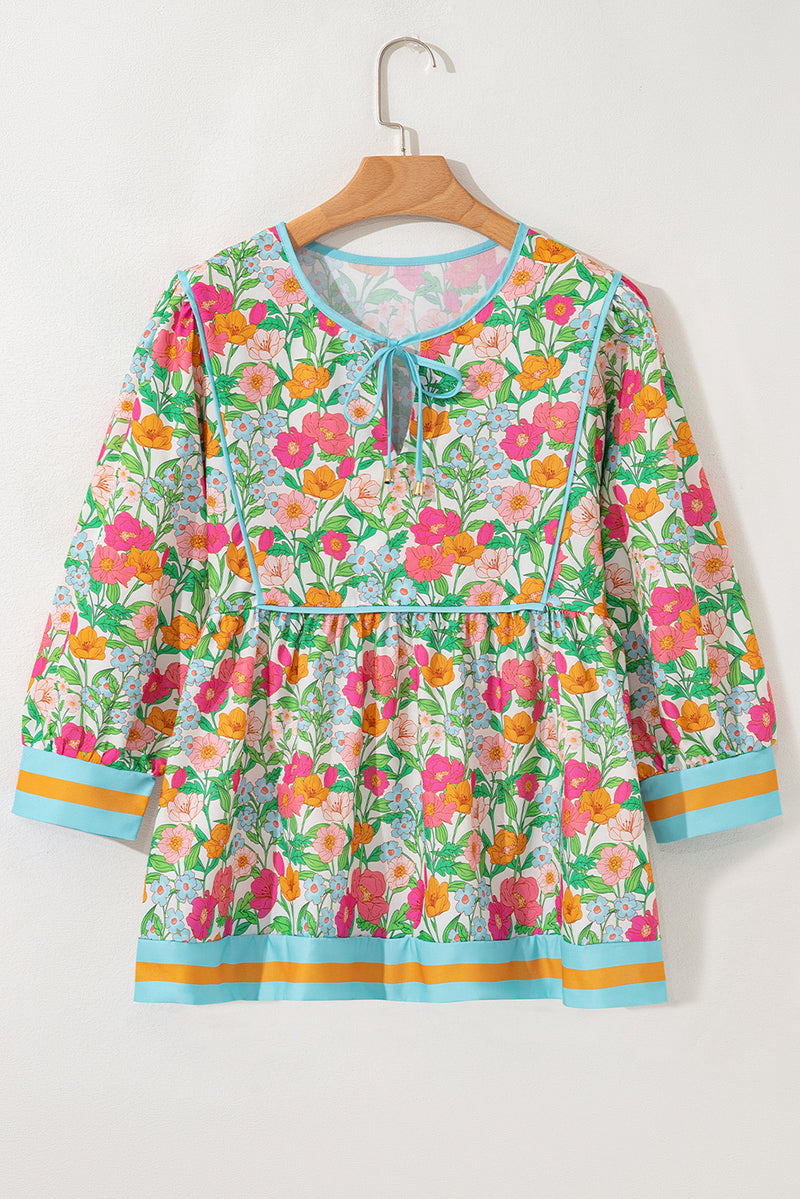 Floral Print Striped Trim Tie Neck Puff Sleeve Babydoll Blouse