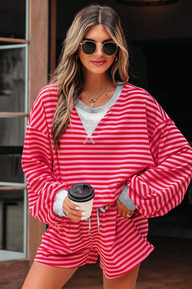 Stripe Drop Shoulder Baggy Pullover and Shorts Casual Set