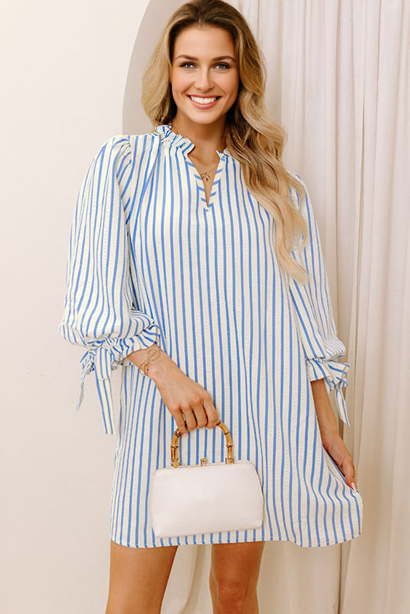 Stripe Knotted Bracelet Sleeve Notched Neck Shift Mini Dress