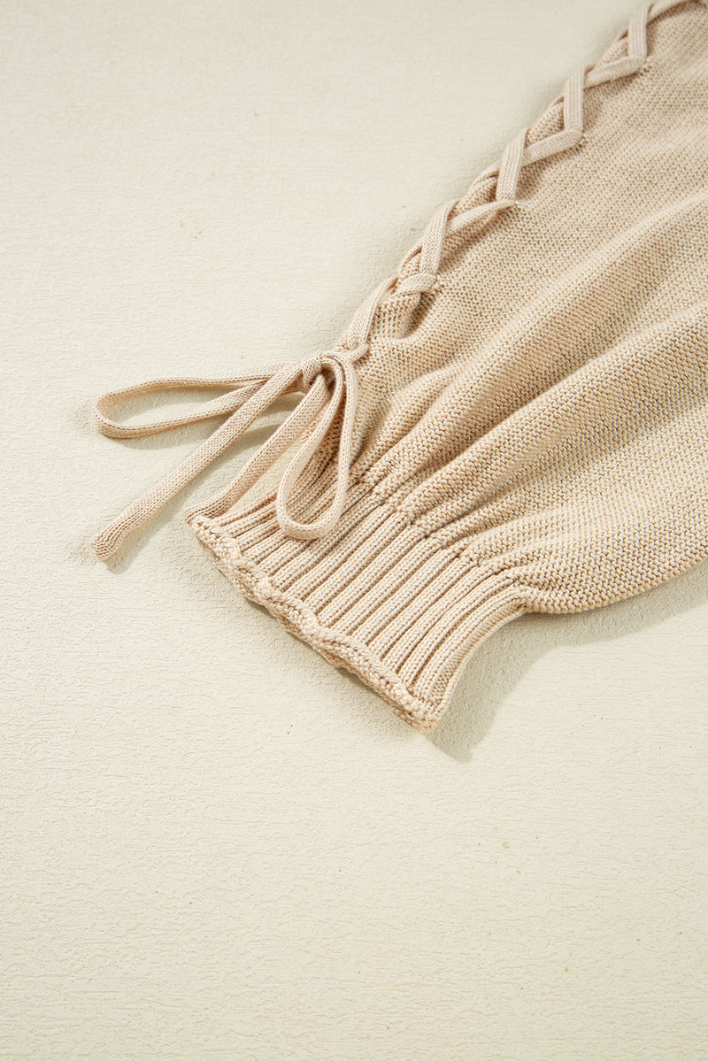 Parchment Cable Knit Braided Tie Sleeve Plus Size Open Cardigan