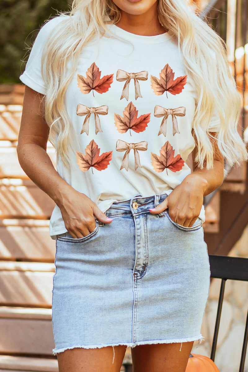 Fall Leaf Bow Print Thanksgiving T Shirt