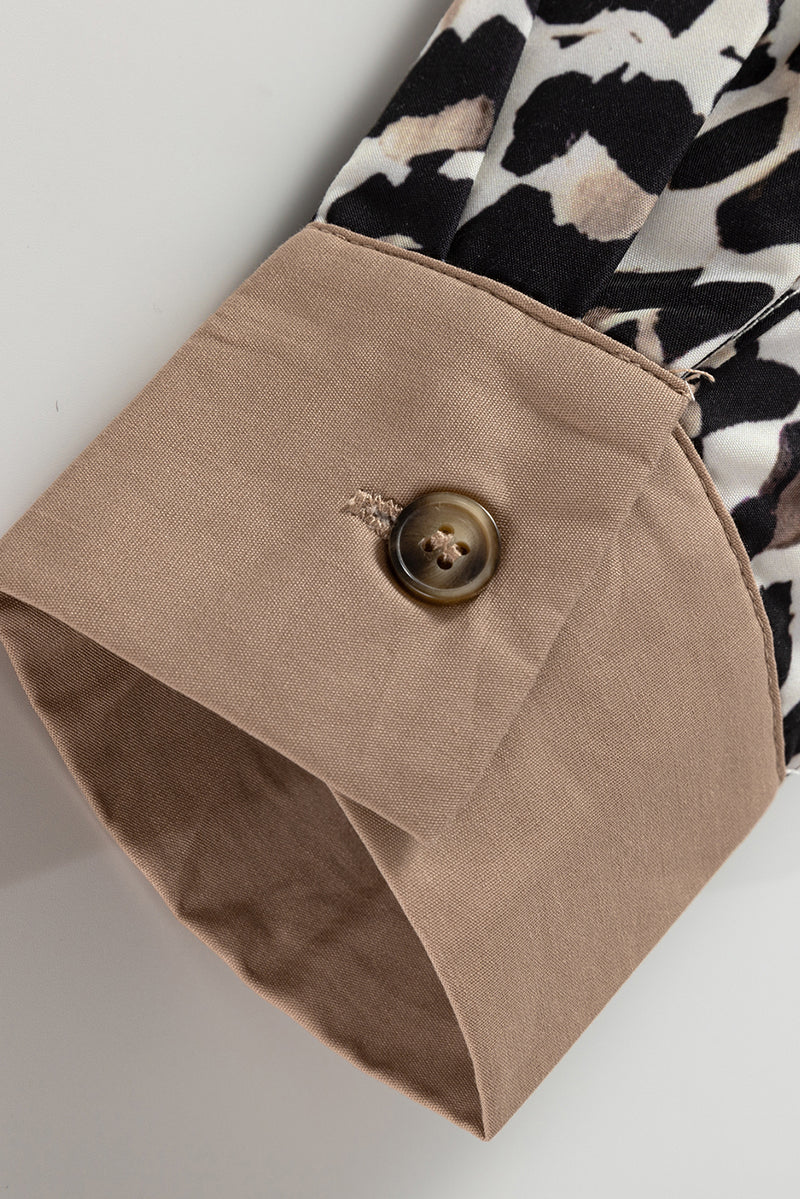 Multicolour Button Striped Collar Leopard Print Long Sleeve Flared Dress