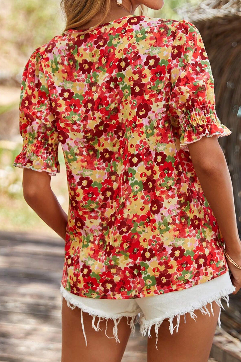 Floral Bubble Sleeve Pleated V Neck Wrap Blouse