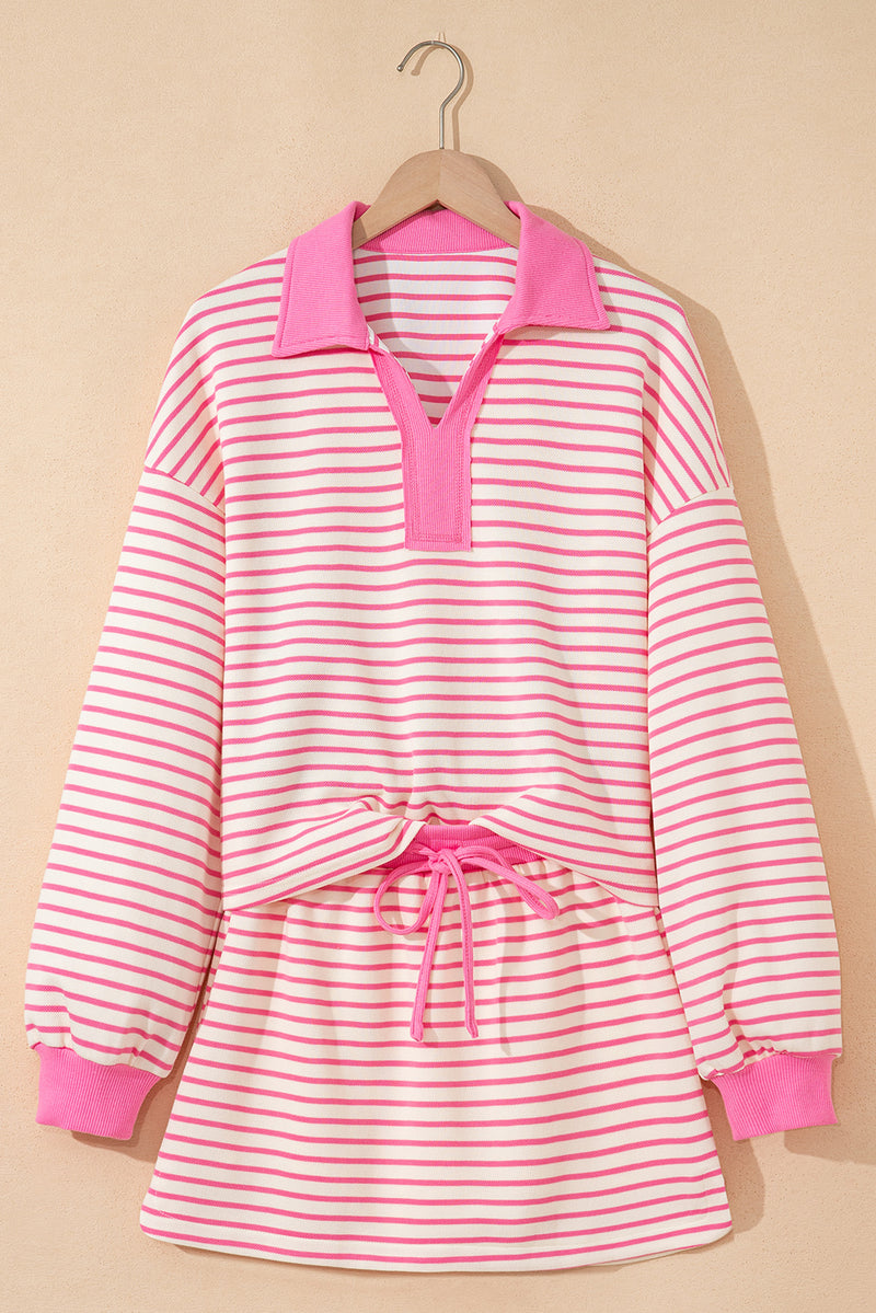 Stripe Collared V Neck Drop Shoulder Pullover and Skort 2pcs Outfit