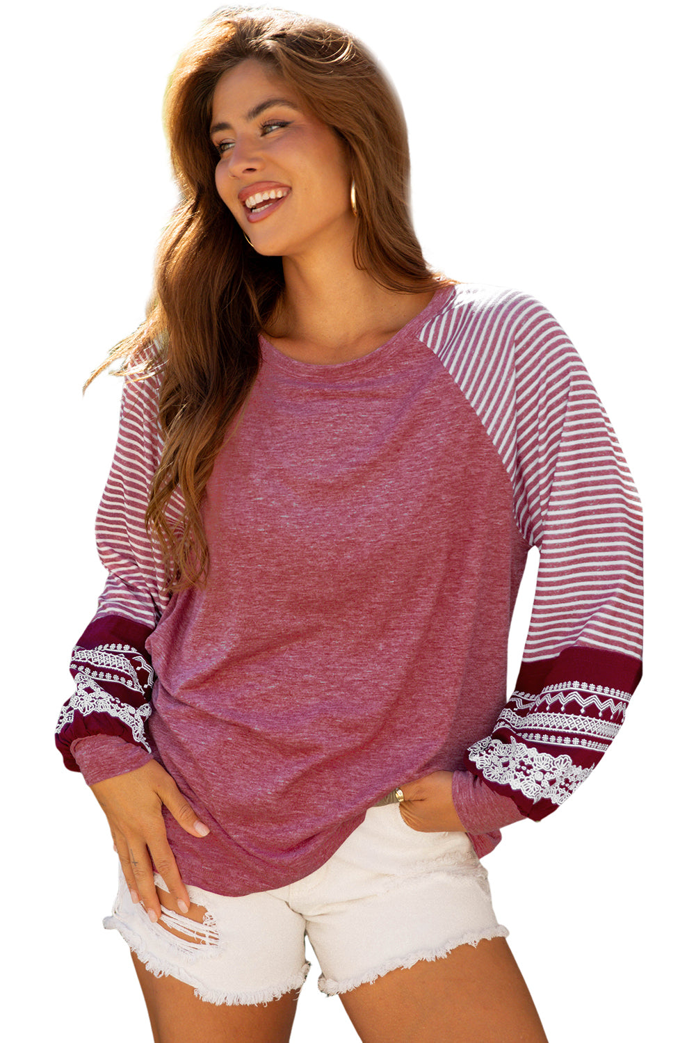 Contrast Print Striped Raglan Long Sleeve Loose Top