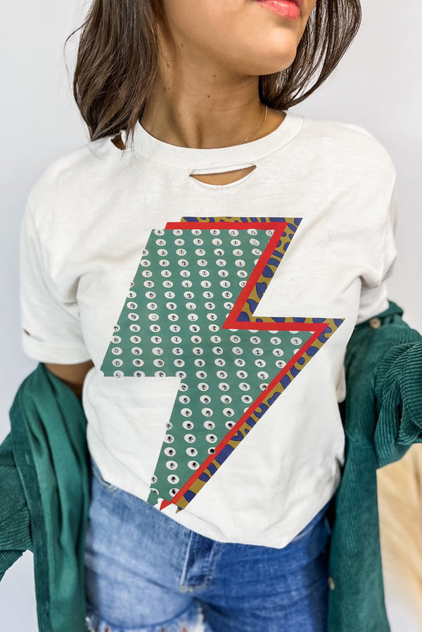 Rhinestone Decor Bolt Graphic Ripped Western Tee