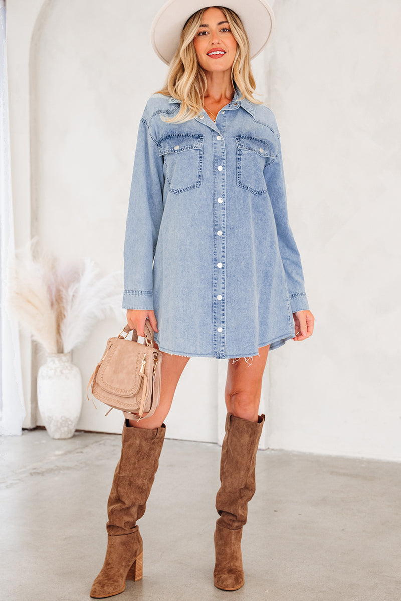 Chest Pocket Raw Hem Denim Loose Shirt Dress