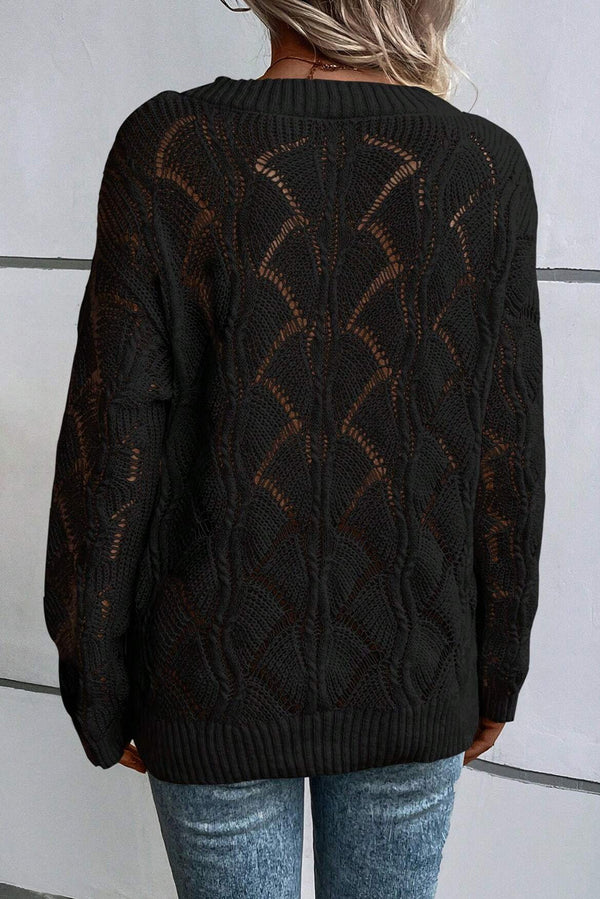 Solid Hollow Out Knit V Neck Drop Shoulder Sweater