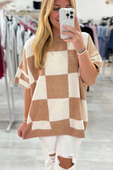 Checkered Pattern Loose Drop Shoulder Half Sleeve Sweater