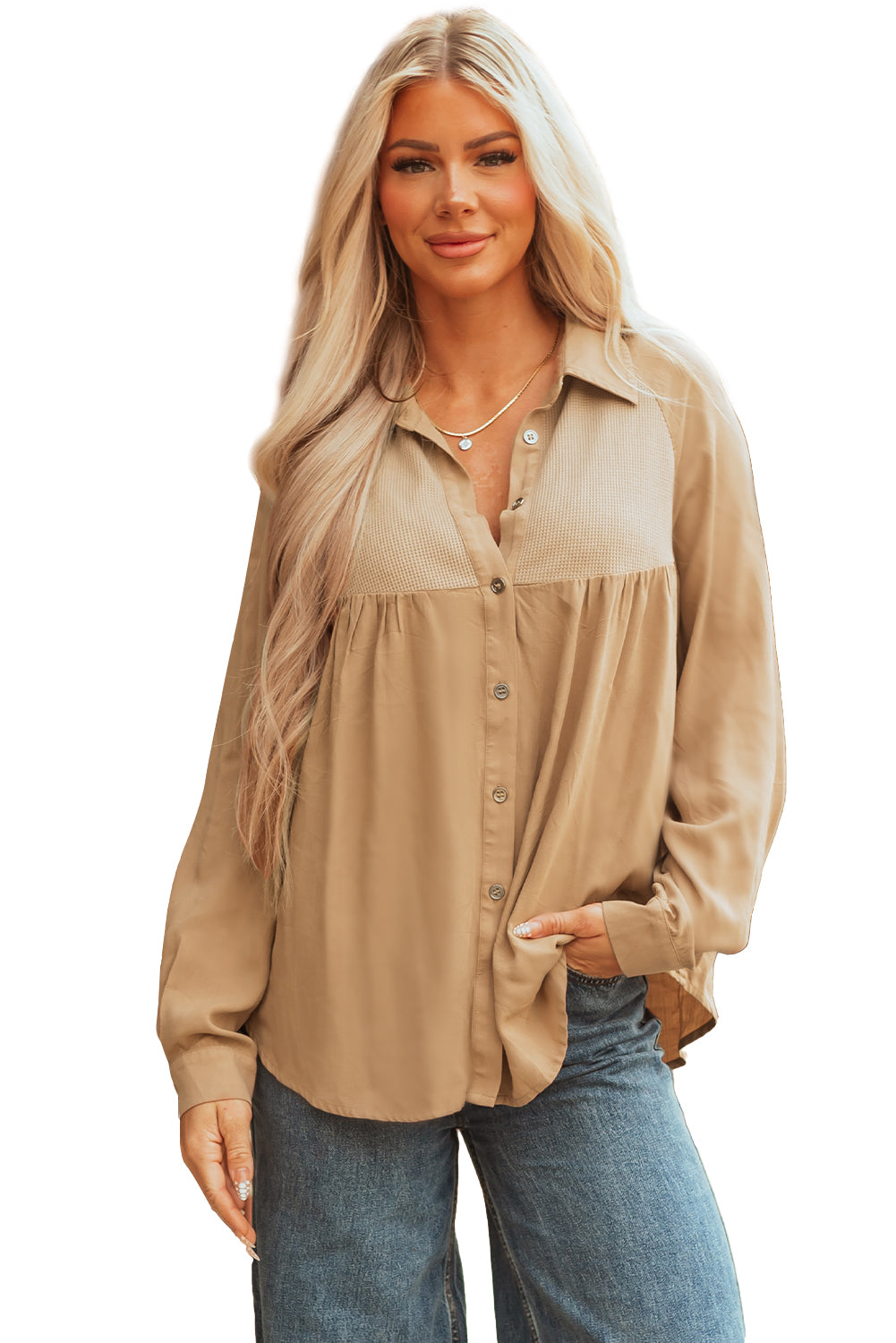 Light French Waffle Patchwork Button Up Frayed Hem Shirt