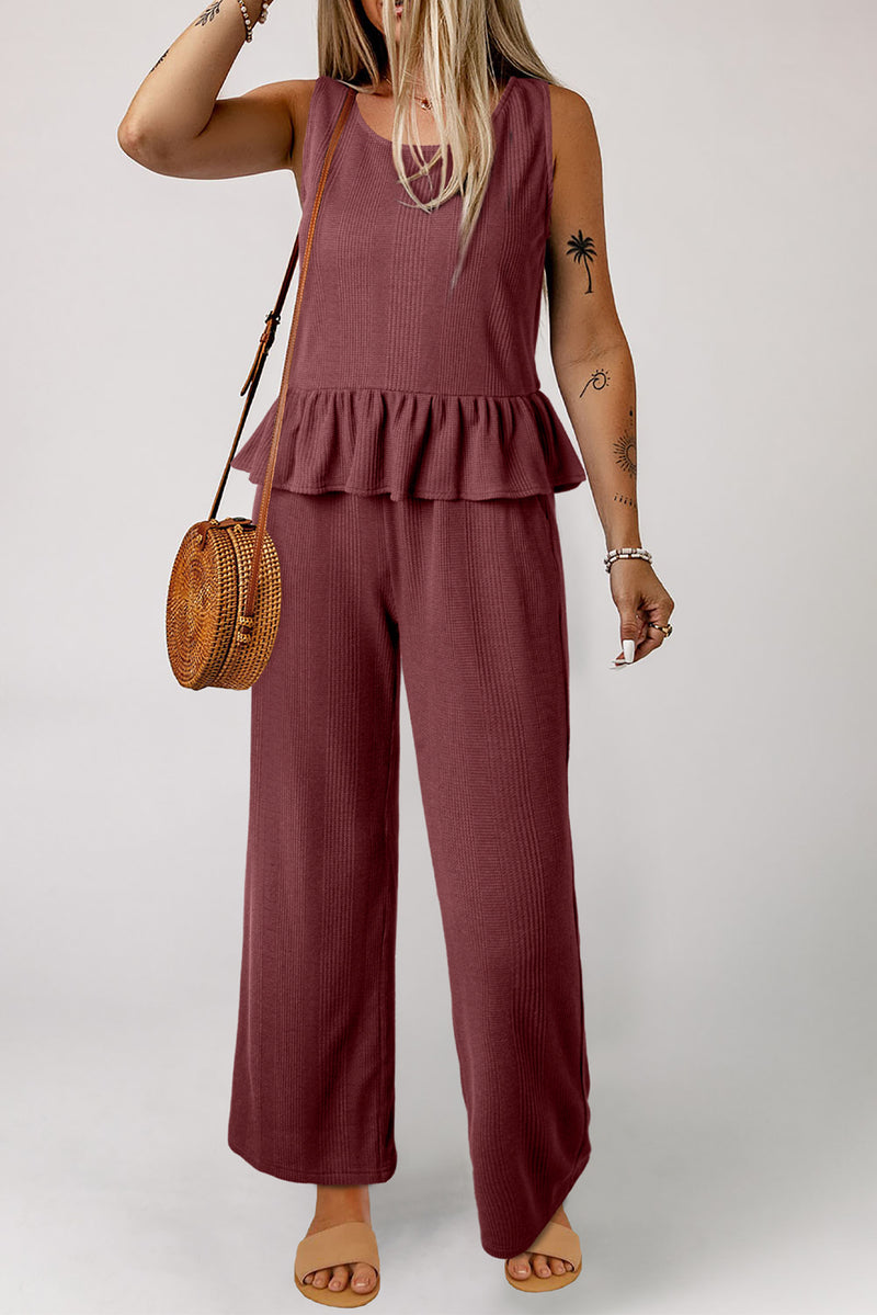 Solid Color Ribbed Ruffle Tank Top and Pants Set