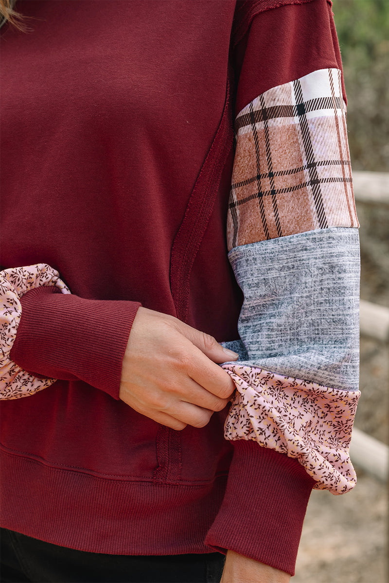 Plaid Colorblock Patchwork Sleeve Raw Seam Sweatshirt