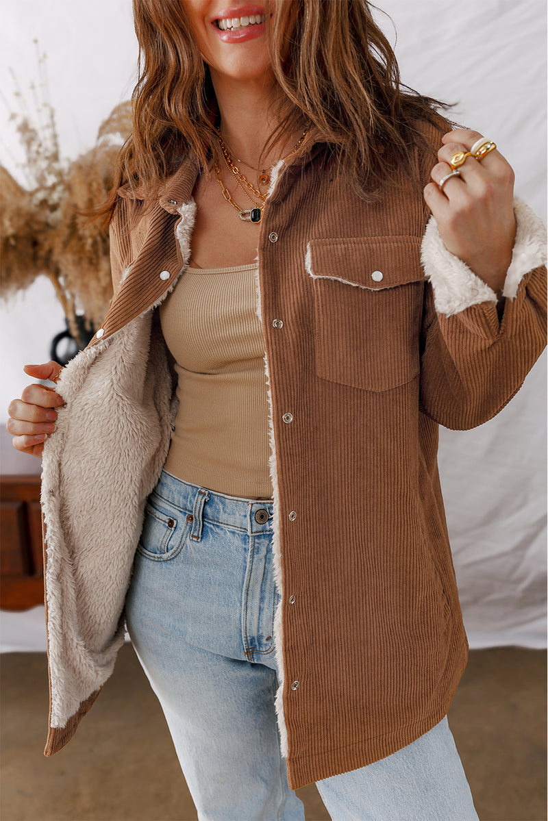 Fleece Lined Buttoned Flap Pockets Corduroy Jacket
