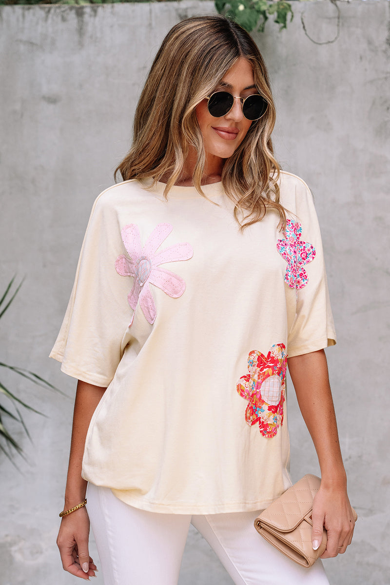 Flower Patched Exposed Stitching Trim Crew Neck Loose Tee