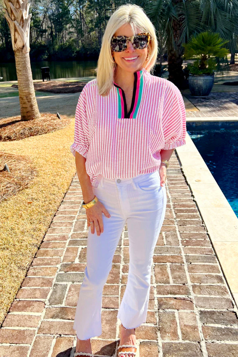 Striped Print Contrast Split Neck Dolman Sleeve Blouse