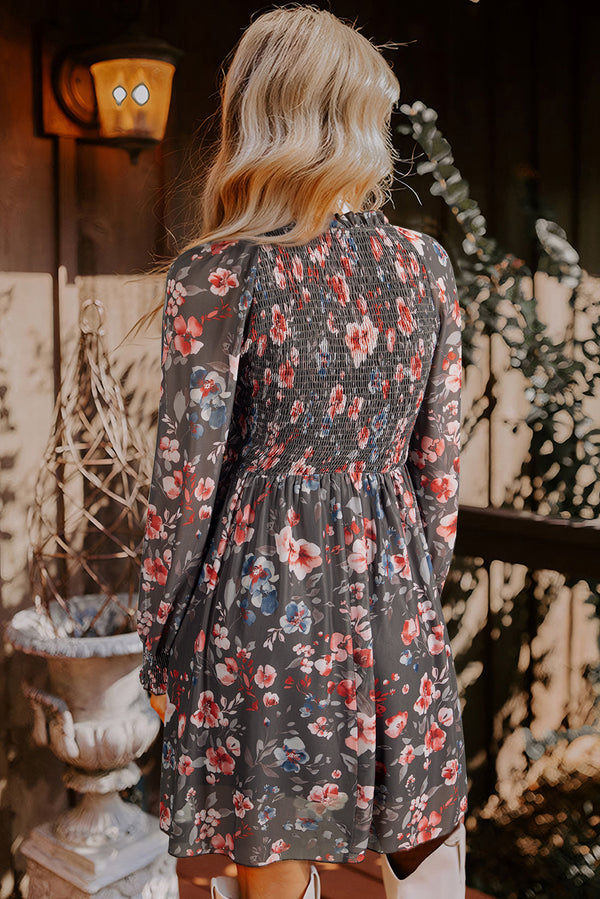 Frilly Smocked Bodice Floral Mesh Long Sleeve Mini Dress
