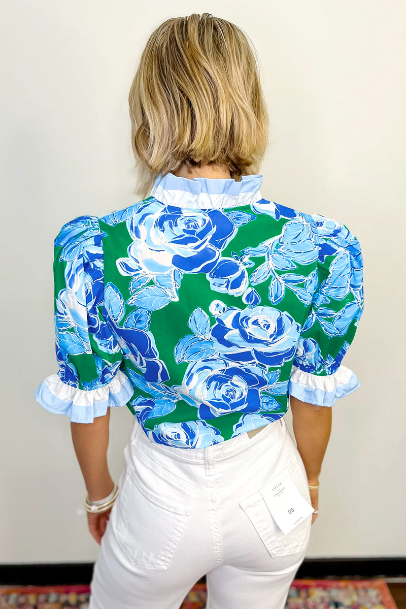 Floral Frilled V Neck Short Sleeve Blouse Top