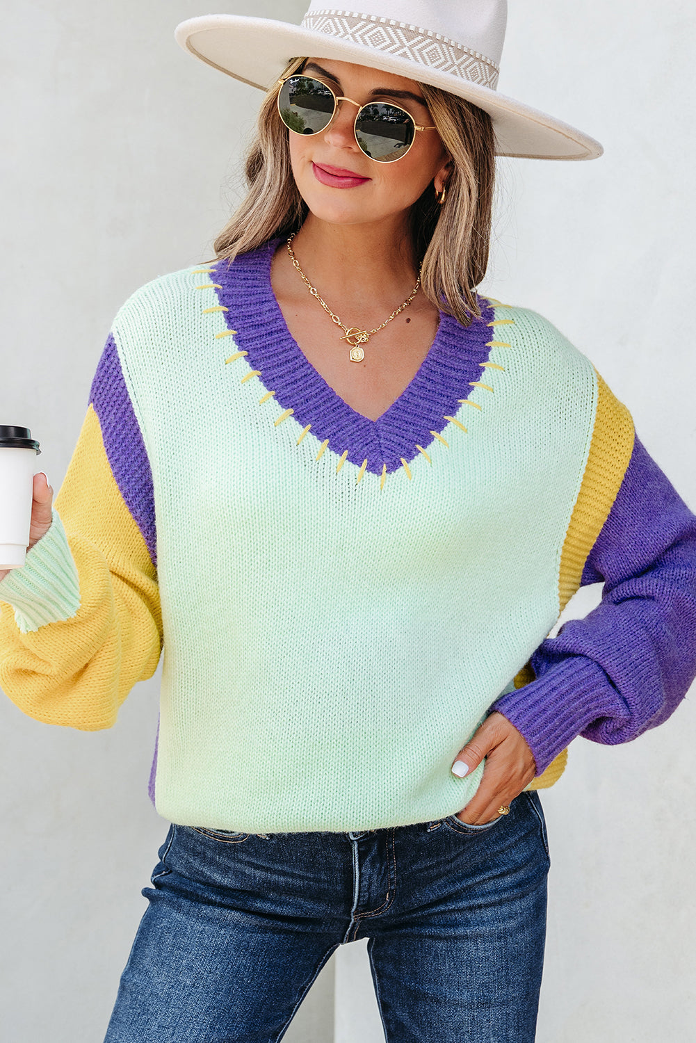 Stitched V Neck Color Block Knitted Drop Shoulder Sweater