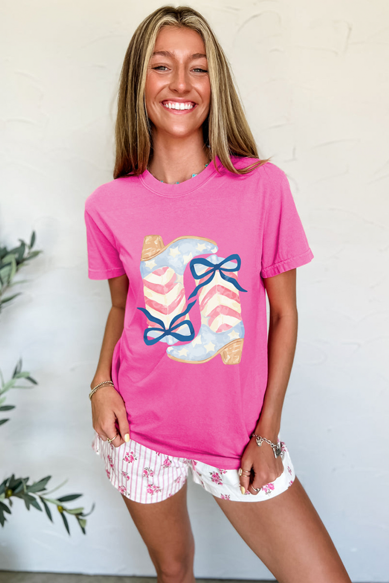 Flag Pattern Boots Bow Accent Casual Graphic Tee