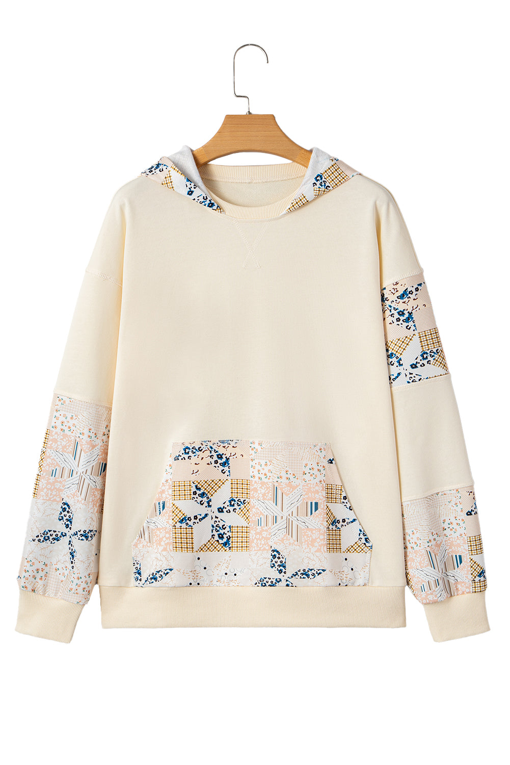 Western Geo Pattern Patchwork Hoodie with Kangaroo Pocket