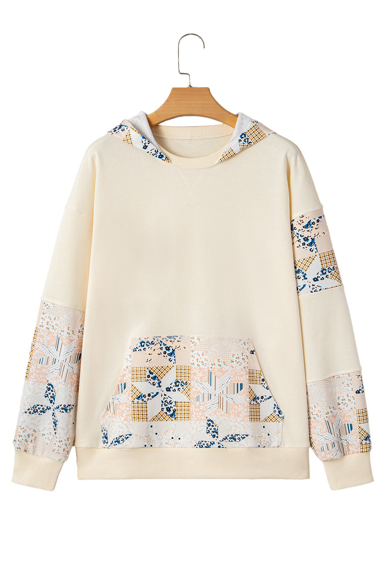 Western Geo Pattern Patchwork Hoodie with Kangaroo Pocket