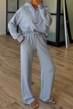 Blue Half Zip Thumbhole Sleeve Hoodie Active Pants 2pcs Outfit