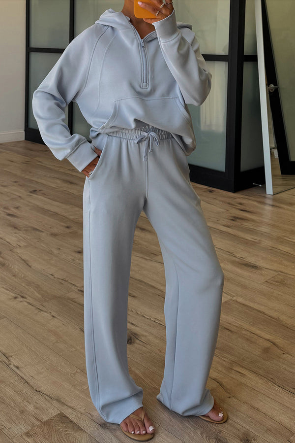 Blue Half Zip Thumbhole Sleeve Hoodie Active Pants 2pcs Outfit