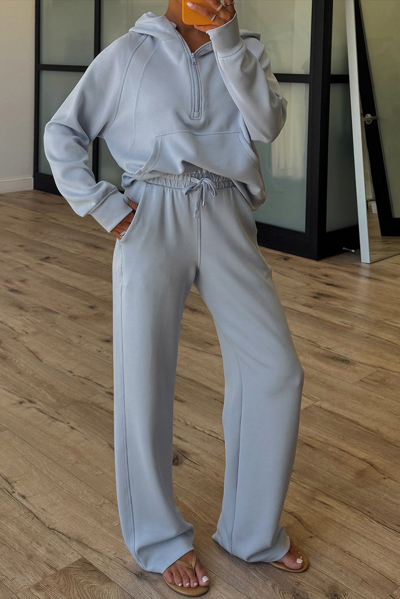 Blue Half Zip Thumbhole Sleeve Hoodie Active Pants 2pcs Outfit