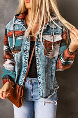 Multicolored Trucker Aztec Print Frayed Hem Denim Jacket